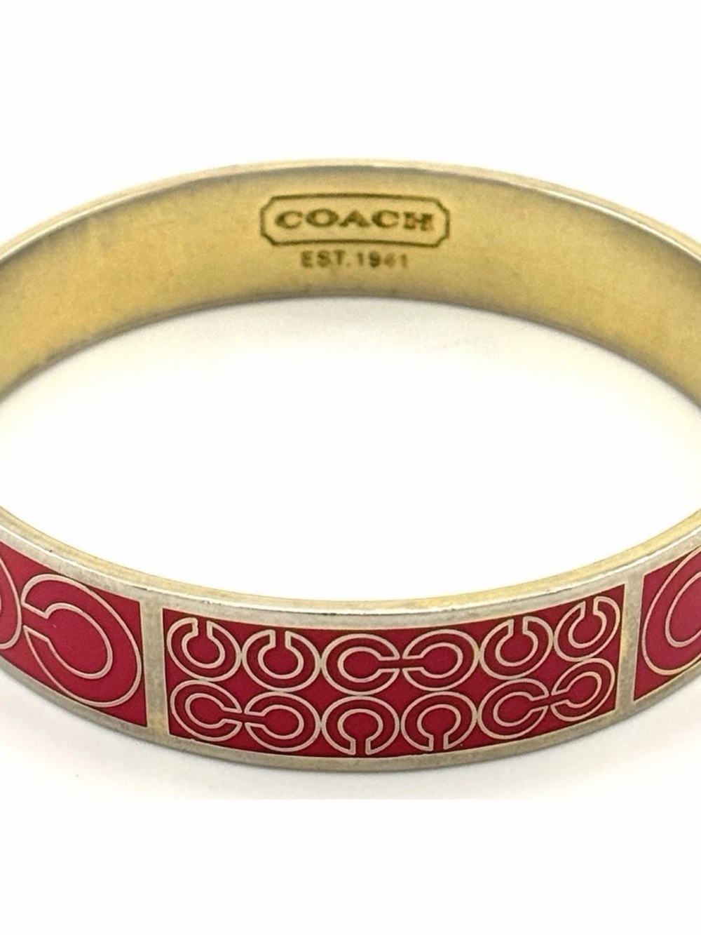 Coach Designer Classic 1/2" Signature C Rose Enamel Gold Plate bracelet Bangle.